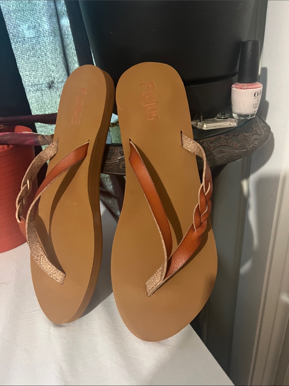 Flojos Braided Strap Flip Flop Sandals in Tan and Rose Gold